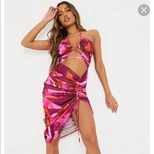 Pretty Little Thing pink printed satin dress